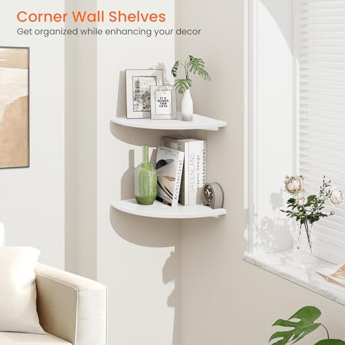 Homode Corner Wall Shelf, 12 in Wide Rounded Corner Shelf Floating, Set of 2 Wooden Hanging Corner Shelves with Wire Hole for Bathroom Living Room Office, White - Image 5