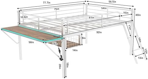 Bellemave Full Loft Bed with Desk, Gaming mid loft Bed with Desk, LED for Adults, Teens, Kids, White - Image 2