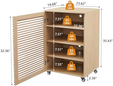 LEVNARY 5-Tier AV Media Cabinet with Grille Door & Adjustable Shelves, Modern Wooden Stereo Rack with Cable Management & Wheels, Audio Video Stand for Living Gaming Room Recording Studio (Natural) - Image 2