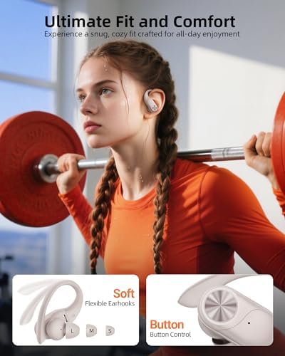 PocBuds Bluetooth Headphones Wireless Earbuds 80hrs Playtime Wireless Charging Case Digital Display Sport Ear Buds with Earhook Deep Bass IPX7 Waterproof Over-Ear Earphones for Phone Laptop Beige - Image 6