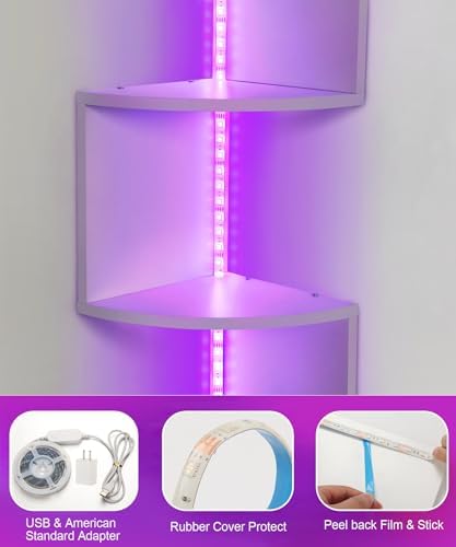 5 Tiers Corner Shelf with RGB LED Lights, 49.2" Wall Mount Floating Corner Display Shelf for Living Room Bedroom Home Office Decor, APP & Remote Control (White) - Image 3