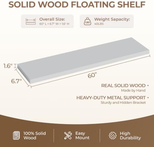 60 inch Long Floating Shelves for Wall,Solid Wood Long Shelves Set of 1,Grey Rustic Wall Mounted Shelves Large Bookshelf (Grey, 60 Inch) - Image 2