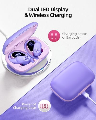 PocBuds Bluetooth Headphones Wireless Earbuds 80hrs Playtime Wireless Charging Case Digital Display Sports Ear buds with Earhook Deep Bass IPX7 Waterproof Over-Ear Earphones for TV Phone Laptop Purple - Image 3