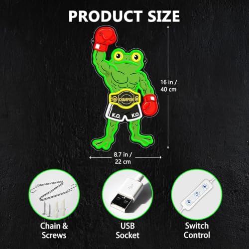 HAJAE Frog Neon Sign, Dimmable Boxing Frog Champion LED Light Wall Decor - Funny Muscular Frog Gifts for Men Boys Kids, Wrestling Birthday Party Decorations, Gym Man Cave Room Neon Light - Image 3