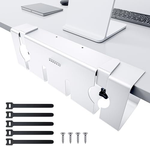 NODOCA No Drill Under Desk Cable Management Tray, 17'' Wire Management, Punch-Free Clamp on, Metal Cable Tray, Wire Organizer Under Desk, Under Dessk Basket for Office and Home, White by NODOCA