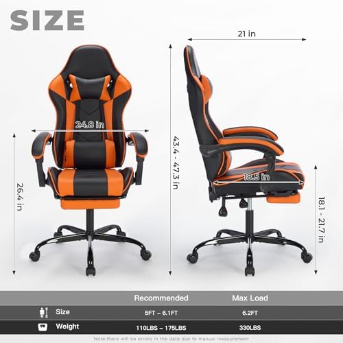 Gaming Desk Chair for Adults, Ergonomic Gaming Chair (Black+Orange) | with Footrest & Headrest and Lumbar Support, Leather Material Height Adjustable computer Video Game Chairs - Image 2