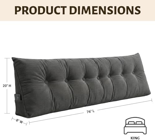 Wedge Reading Pillow Headboard King Size, Headboard Bolster Pillow for Bed, Triangular Backrest Cushion with Removable Corduroy Cover, Darkgrey - Image 2