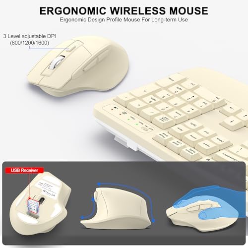 Wireless Keyboard and Mouse Combo, 2.4G Ergonomic Wave Keys (Latte) - Image 4