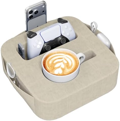 Couch Cup Holder Pillow, Couch Caddy for Drink, Snack, Phone, Remote, Game Controller, Removable and Washable Cup Cozy Pillow, Small Sofa Cup Holder Tray for Bed, Car, Desk, Sofa, Khaki by Unknown