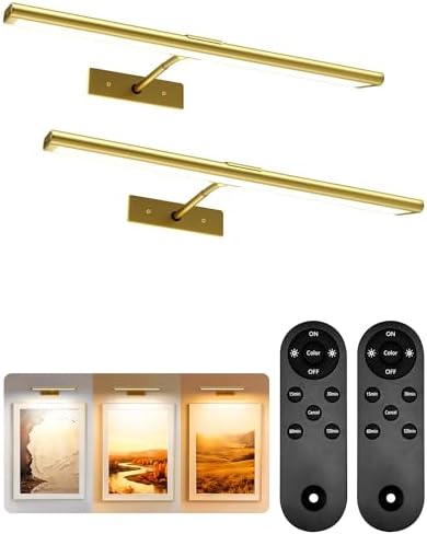 EZVALO Picture Light for Wall, 4800mAh Rechargeable Wireless Gold Light with IR Remote, Dimmable Magnetic LED Art Display Light with 3 Color Temperatures, for Gallery, Living Room, Bedroom(2Pack) by EZVALO