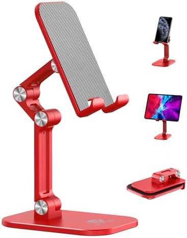 OCYCLONE Phone Stand, Adjustable Height and Angle Foldable Cell Phone Stand Holder for Desk, Taller iPhone Stand Compatible with 4.7"-13" Smartphones iPad Tablet, Red by OCYCLONE