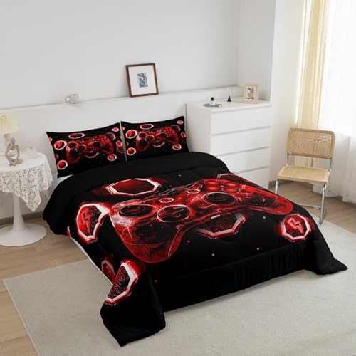 Feelyou Kids Red Gamer Comforter Set Full Size, Game Console Bedding Set Space Universe Gaming Comforter Boys Girls Gamepad Teens Duvet Set Bedroom Decor 3Pcs - Image 3