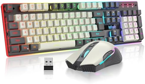RedThunder K10 Pro Wireless Gaming Keyboard and Mouse Combo, RGB Backlit Rechargeable 3800mAh Battery, Mechanical Feel Anti-ghosting Keyboard + 7D 3200DPI Mice for PC Gamer(White Gray) by RedThunder