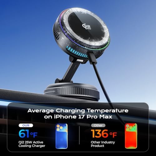 Qi2.2 Magnetic Car Mount Charger【25W Fast Charging+Ice-Cooling】 360° Rotating Fast Wireless Charger Stand with Cooling Fan/LED Light,Vacuum Magnetic Phone Holder Compatible with iPhone 12-17, S26/S25 - Image 4