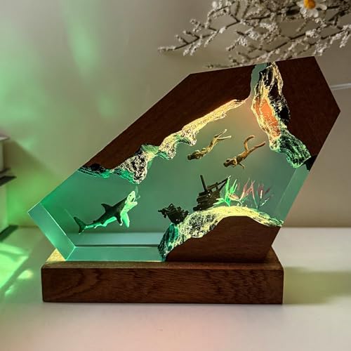 Epoxy Shark Ocean Resin Lamp, Handmade Resin Night Light with USB Port by MASDEC