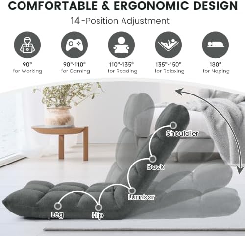 Murago Floor Chair with Back Support, 14 Adjustable Position, Dark Grey | Japanese Meditation Folding Floor Seating, Gaming Chair Recliner with Comfy Cushion, for Adults, Living Room - Image 5