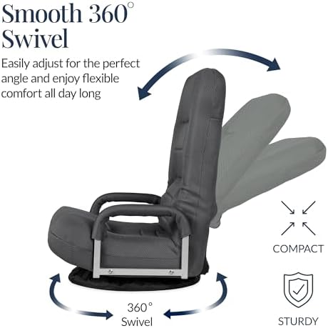 Best Choice Products Swivel Gaming Chair 360 Degree Multipurpose Floor Chair Rocker for TV, Reading, Playing Video Games w/Lumbar Support, Armrest Handles, Adjustable Foldable Backrest - Dark Gray - Image 6