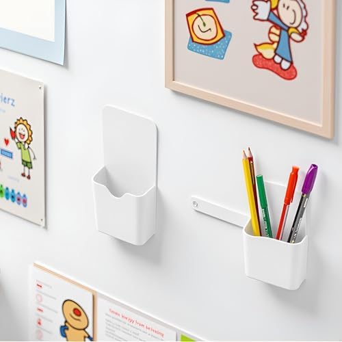 White Plastic, Magnetic Pen Holder, Erase Marker Storage Box, Pencil Cup, Desk Supplies Holders for Home, Office, Classroom, Whiteboard, Fridge, Locker Organizer - Image 3