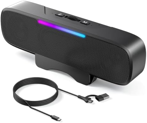 OHAYO Computer Speakers for Desktop PC Monitor, USB Plug-in Laptop Speaker Bar with G-Sensor, BT 6.0, Loud Sound with Deep Bass, RGB Light, Easy Clip-on Design, Volume Knob, USB-C Adapter (Black) by OHAYO