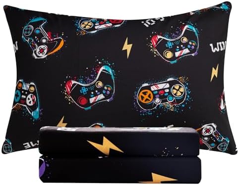Twin Sheets Set for Boys Kids - 3-Piece Cute Gamer Bedding Set, Breathable Black Video Game 3D Fitted Sheets with 14" Deep Pocket, Ultra-Soft Lightweight Bedroom Essentials by VinogustoBedLinens