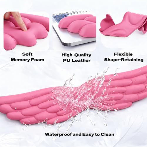 Angel Wing Wrist Rest Ergonomic Memory Foam Wrist Rest for Computer Keyboard Mouse Set with Cup Mat, Cute Gaming Keyboard Cushion Hand Support PU Leather Surface Anti-Slip Waterproof (Rose Red) - Image 3