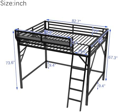 KEIKI Queen Size Metal Loft Bed Frame with Ladder and Built-in Storage Shelves, for Teens, Modern Style Loft Bed with Solid Slats, Guardrail, No Box Spring Required, Easy Assembly, for Bedroom, Black - Image 2