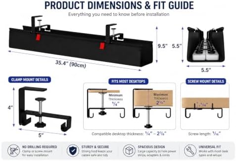 No Drill Under Desk Cable Management Tray, 90cm Cord Organizer for Table, Clamp/Screw Mount Desk Cable Management - Image 4