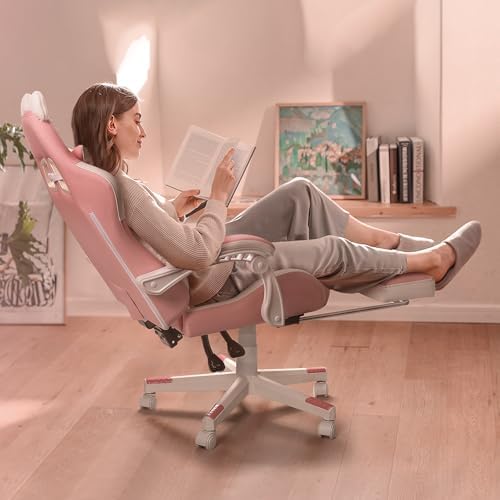 PUKAMI Pink Gaming Chair Cute with Cat Ears and Cat Paw Lumbar Cushion, Ergonomic Computer Chair for Girl with Footrest and Headrest, Comfortable Reclining PC Game Chair for Adult, Teen (Pink) - Image 6