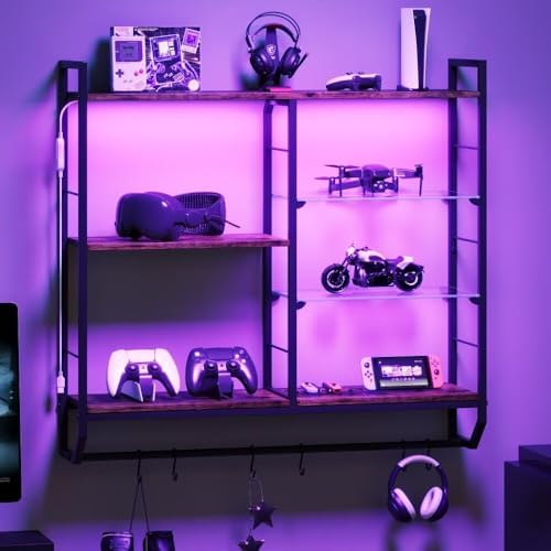 EYCOAL Gaming Floating Shelves, Wall Mounted Wooden Decor Display Shelf with 34" LED Lights and Adjustable Glass Bar Wine Shelf, Extra Hanging Hooks Storage for Gaming Room and Living Room by EYOCAL