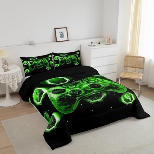 Feelyou Kids Green Gamer Bedding Set Full Size, Game Console Comforter Set Boys Girls Space Universe Gaming Comforter Gamepad Teens Duvet Set Bedroom Decor with 2 Pillow Case - Image 3