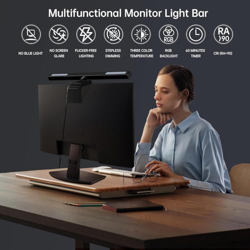 16" Flat Monitor Light Bar with RGB Backlight & 60-Min Timer, 3000-6000K Stepless Dimming, 0.3-0.8" Clamp for Office/Gaming, USB-C Eye Care Desk Lamp (Touch Control/Blue Light Filter) - Image 7