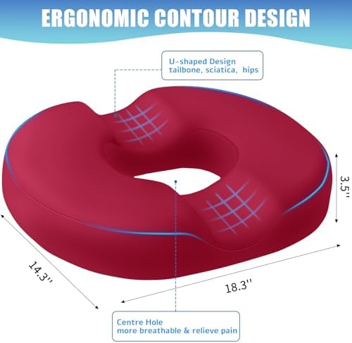BlissTrends Donut Pillow Seat Cushion, Memory Foam Lifting Cushions | Donut Chair Cushions for Postpartum Pregnancy&Hemorrhoids,Tailbone Pain Relief Cushion for Office&Home Chairs(X-Large, Red) - Image 2