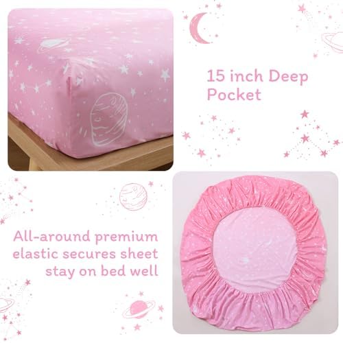 JSD Gradient Pink Moon Stars Kids Twin Sheet Set Space Theme 3 Piece - Image 3