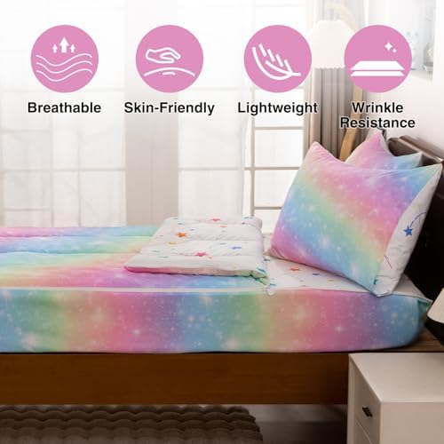 A Nice Night Zipper Bedding for Girls Gradient Glitter Comforter Set,Pink Yellow Rainbow Galaxy Kids Bedding Set,Twin Size - Image 3