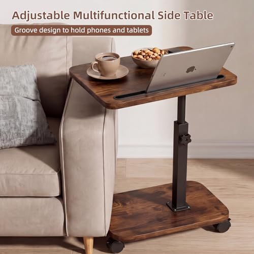Adjustable TV Tray Side Table 360°Swivel Rolling, Rustic Brown - Image 3