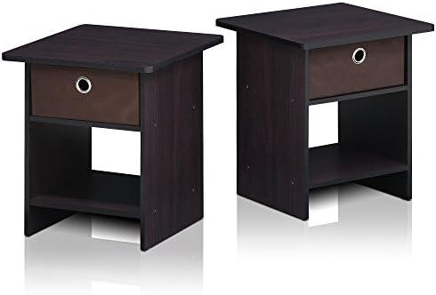 Furinno Dario End Table / Side Table / Night Stand / Bedside Table with Bin Drawer, 2-Pack, Dark Walnut - Image 4