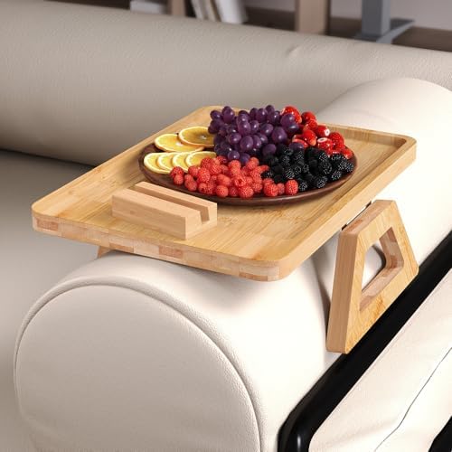 Couch Arm Tray with 360°Phone,Bamboo Folding Sofa Tray,Sofa Armrest Trays Clip-On Couch Desk for Drinks,Snacks,Phone,Remote Control（Natural） - Image 2