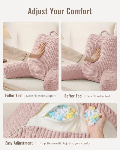 Blissful Diary Reading Pillow, Backrest Pillow with Shredded Memory Foam for Adult & Children, Designed for Bed and Couch Sitting Up, Includes Arms, Pockets and Washable Cover, Pale Pink - Image 3