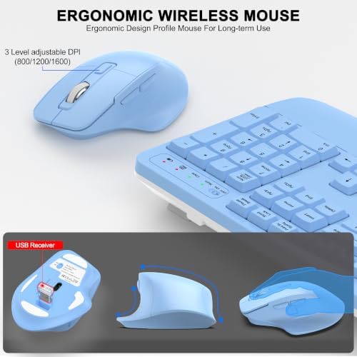 Wireless Keyboard and Mouse Combo, 2.4G Ergonomic Wave Keys(Sky Blue) - Image 4
