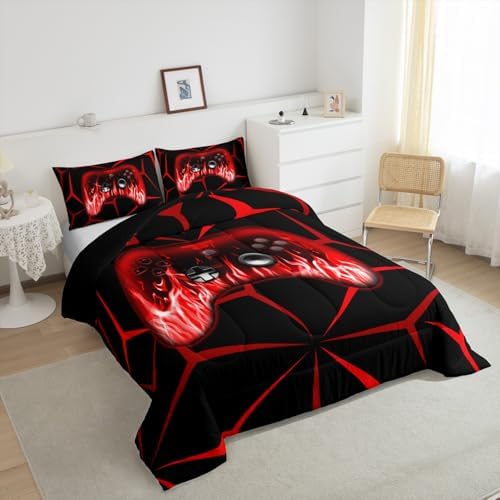 Feelyou Boys Gamer Comforter Set,3D Gaming Bedding Set Full Size for Kids Boys Bedroom Room Decor,Red and Black Video Game Comforter,Geometric Gaming Bed Set All Season for Game Lovers - Image 4