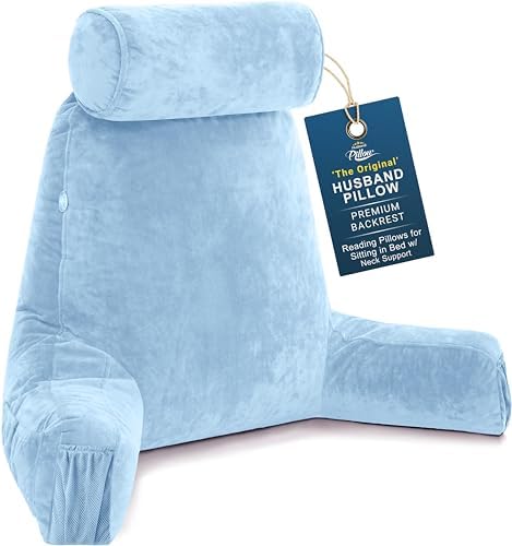 Husband Pillow Medium Reading Pillow with Arms - 23" Backrest for Sitting Up in Bed - Firm Support Bed Rest Pillow for Adults, Neck Roll, Removable Cover - TV, Reading, Lounging - Sky Blue by HusbandPillow