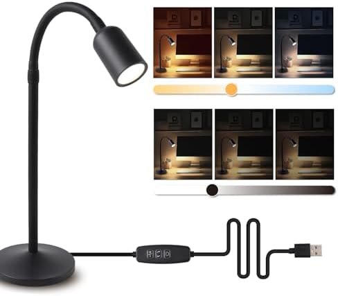 DAMI Small Desk Lamp with Flexible Gooseneck, USB Reading Light Nightstand with 3 Color Temperatures, Dimmable Eye-Caring Bedside Table Lamp for Home Office Bedroom Dorm RV - Black by DAMI