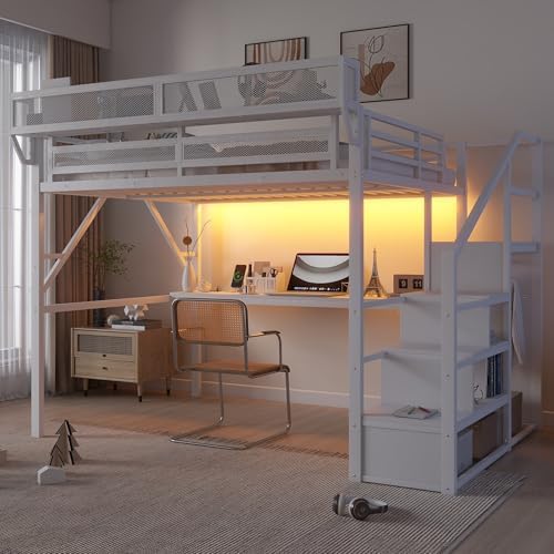 KEIKI Queen Size Metal Loft Bed Frame with Desk, Staircase, Built-in Storage Shelves and Wardrobe, Modern Loft Bed with Solid Slat, Guardrail, No Box Spring Required, Easy Assembly, for Bedroom, White - Image 4