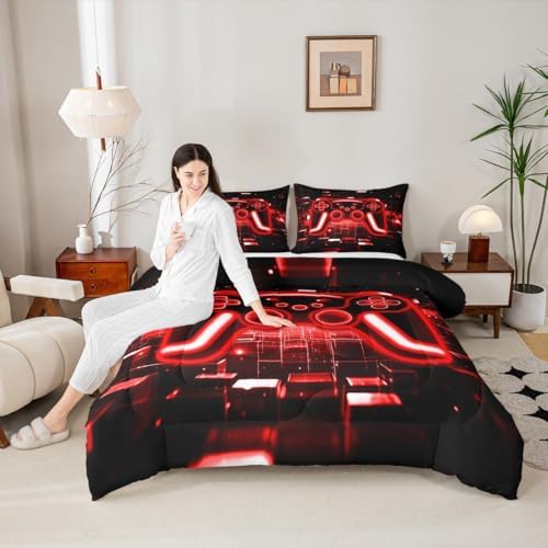 Erosebridal Gamer Comforter Set Gaming King Bedding Set, Neon Lights Game Boy Games Comforter Red Brick Cube Duvet Insert,Gaming Room Decor - Image 3