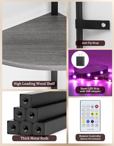 Corner Shelf with LED Light, 5 Tier Smart Color Changing Floor Lamp with Remote, 62" Display Shelf Bookshelf Narrow Storage Rack Standing Lamp for Living Room Bedroom Home Office Decor, Grey - Image 2