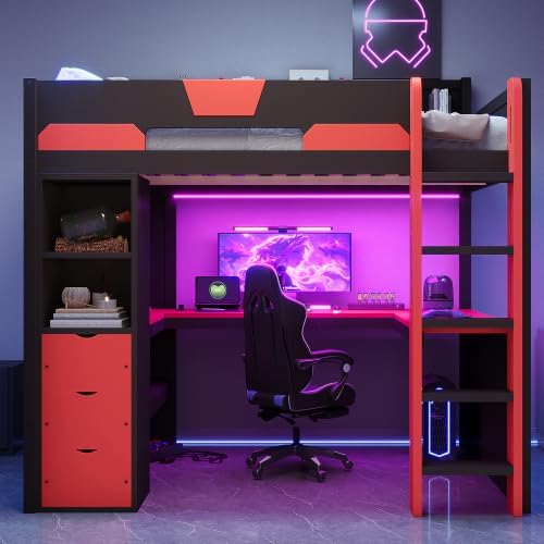 Merax Full Size Wood Gaming Loft Bed with U-Shaped Desk, Lights & USB Ports - Image 3