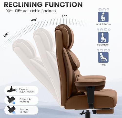 BestGlory Office Desk Chair, Big and Tall Leather Gaming Chair with Footrest, Ergonomic Comfy Executive High-Back Reclining Computer Chairs, Wide Swivel Rolling Wheels and Padded Lumbar Support, Khaki - Image 6