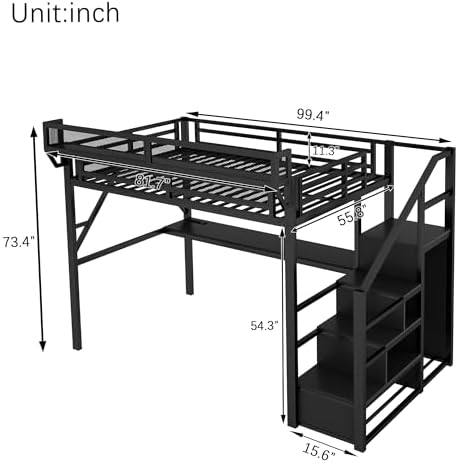 KEIKI Full Size Metal Loft Bed Frame with Desk, Staircase, Built-in Storage Shelves and Wardrobe, Modern Loft Bed with Solid Slats, Guardrail, No Box Spring Required, Easy Assembly, for Bedroom, Black - Image 2