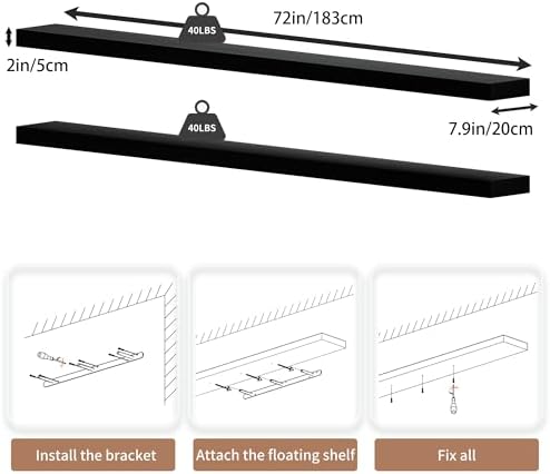 72 inch Long Floating Shelves for Wall,Solid Wood Long Wall Shelves Set of 2,Black Wooden Mounted Shelf,Bookshelf Bathroom Shelves (Black, 72 Inch) - Image 2