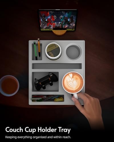 Couch Cup Holder Tray - Couch Organizer Caddy, Silicone Beach Caddy with Cup Holder, Sofa and Bed Drink Holder and Couch Tray Table for Snacks Beverage Remote (Gray) - Image 6